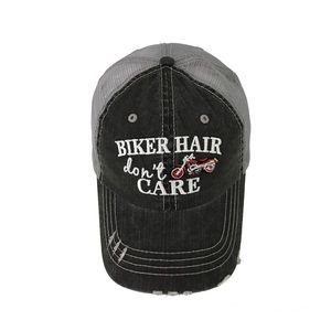 Biker Hair Don’t Care Distressed Embroidered Baseball Biker Cap